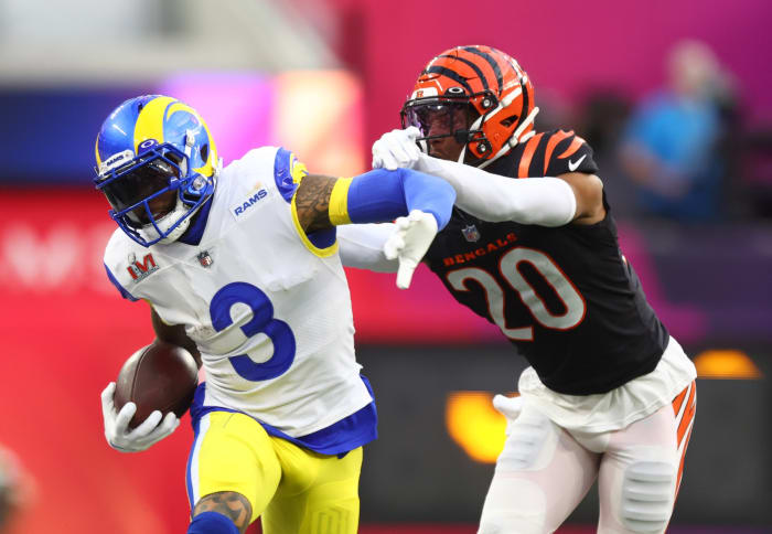Feb 13, 2022; Inglewood, CA, USA; Los Angeles Rams wide receiver Odell Beckham Jr. (3) runs the ball against Cincinnati Bengals cornerback Eli Apple (20) during the second quarter in Super Bowl LVI at SoFi Stadium. Mandatory Credit: Mark J. Rebilas-USA TODAY Sports